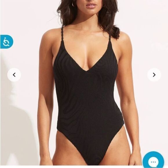 Anthropologie x Seafolly Second Wave V Neck One Piece Swimsuit Black US 6 NWT - Picture 1 of 10
